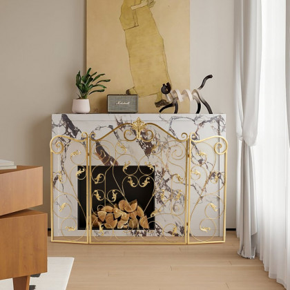 HMR - Retro Gold 3-Panel Foldable Scroll Fireplace Screen with Acanthus Leaf Metal