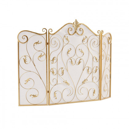 HMR - Retro Gold 3-Panel Foldable Scroll Fireplace Screen with Acanthus Leaf Metal