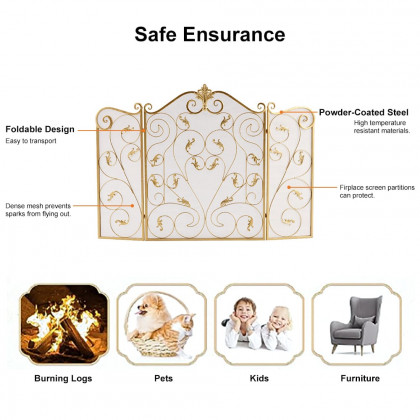 HMR - Retro Gold 3-Panel Foldable Scroll Fireplace Screen with Acanthus Leaf Metal