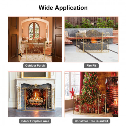 HMR - Retro Gold 3-Panel Foldable Scroll Fireplace Screen with Acanthus Leaf Metal