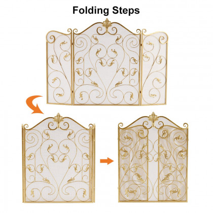 HMR - Retro Gold 3-Panel Foldable Scroll Fireplace Screen with Acanthus Leaf Metal