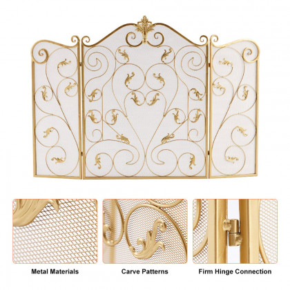HMR - Retro Gold 3-Panel Foldable Scroll Fireplace Screen with Acanthus Leaf Metal