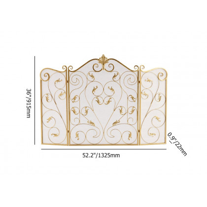 HMR - Retro Gold 3-Panel Foldable Scroll Fireplace Screen with Acanthus Leaf Metal