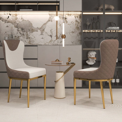 HMR Modern Dining Chairs with White PU Leather Upholstery - Brown, Set of 6