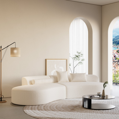 HMR 109" 2-Piece Curved Sectional Sofa with Pillows - White, Boucle