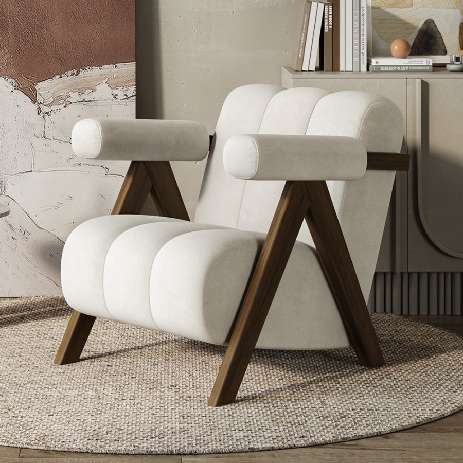 HMR - Japandi Beige Accent Chair Velvet Upholstery Armchair with Walnut Frame for Living Room