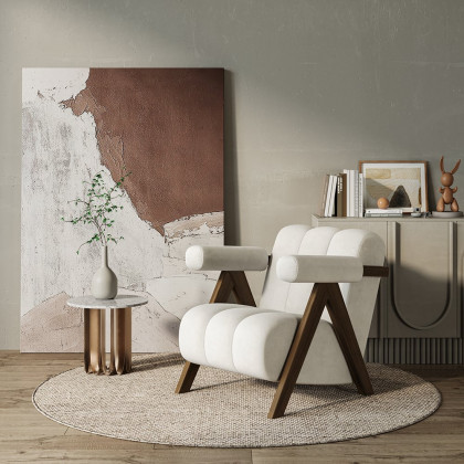 HMR - Japandi Beige Accent Chair Velvet Upholstery Armchair with Walnut Frame for Living Room