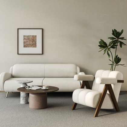HMR - Japandi Beige Accent Chair Velvet Upholstery Armchair with Walnut Frame for Living Room