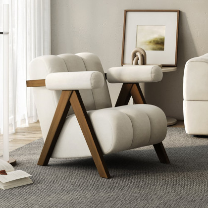 HMR - Japandi Beige Accent Chair Velvet Upholstery Armchair with Walnut Frame for Living Room