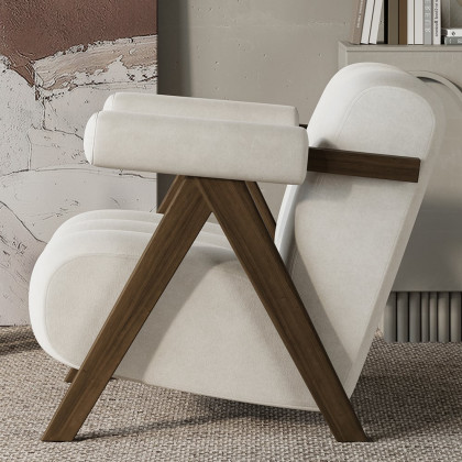 HMR - Japandi Beige Accent Chair Velvet Upholstery Armchair with Walnut Frame for Living Room