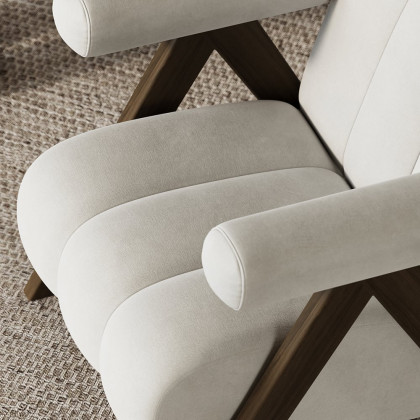 HMR - Japandi Beige Accent Chair Velvet Upholstery Armchair with Walnut Frame for Living Room