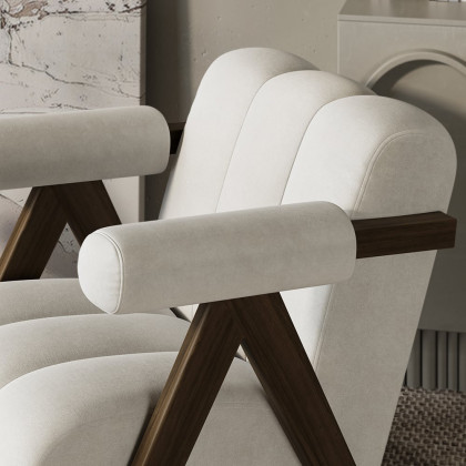HMR - Japandi Beige Accent Chair Velvet Upholstery Armchair with Walnut Frame for Living Room