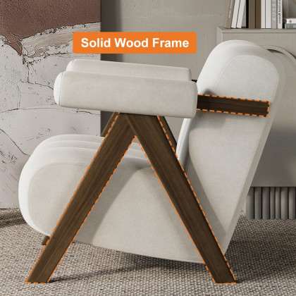 HMR - Japandi Beige Accent Chair Velvet Upholstery Armchair with Walnut Frame for Living Room