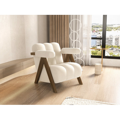 HMR - Japandi Beige Accent Chair Velvet Upholstery Armchair with Walnut Frame for Living Room