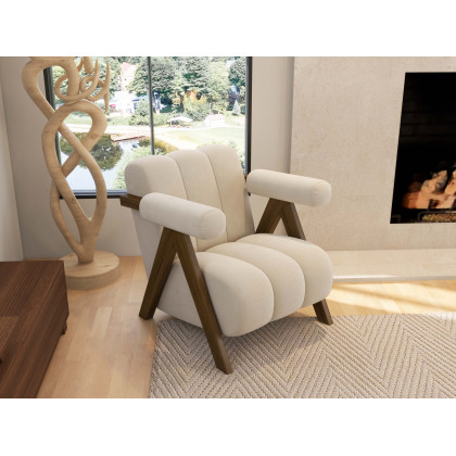 HMR - Japandi Beige Accent Chair Velvet Upholstery Armchair with Walnut Frame for Living Room