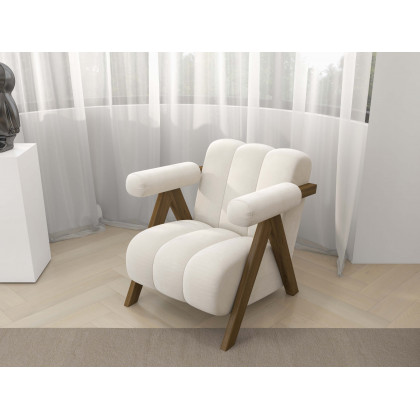 HMR - Japandi Beige Accent Chair Velvet Upholstery Armchair with Walnut Frame for Living Room