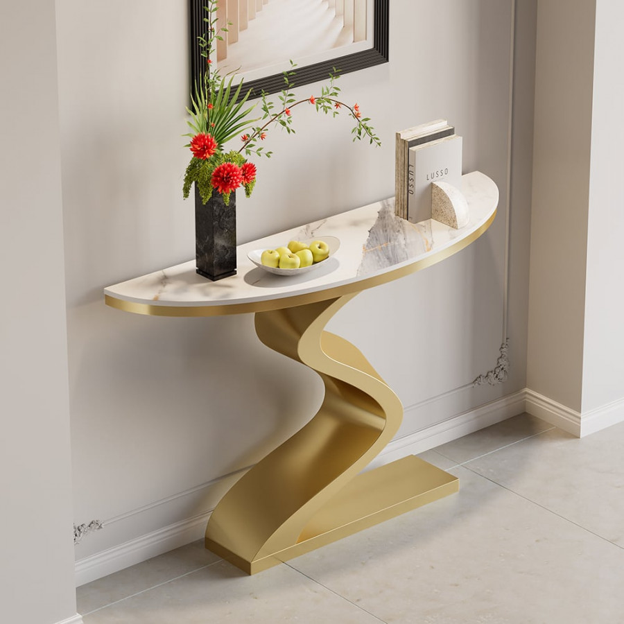 HMR Modern 39.4" Curved Console Table with Sintered Stone Top Half Moon Shape - White & Gold