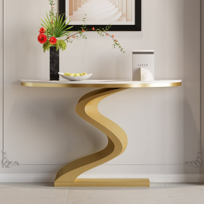 HMR Modern 39.4" Curved Console Table with Sintered Stone Top Half Moon Shape - White & Gold