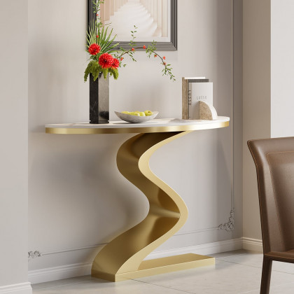 HMR Modern 39.4" Curved Console Table with Sintered Stone Top Half Moon Shape - White & Gold