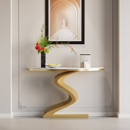 HMR Modern 39.4" Curved Console Table with Sintered Stone Top Half Moon Shape - White & Gold