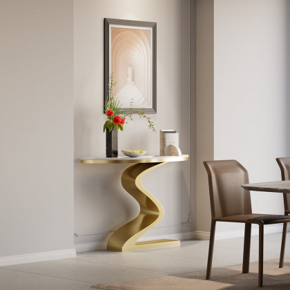HMR Modern 39.4" Curved Console Table with Sintered Stone Top Half Moon Shape - White & Gold