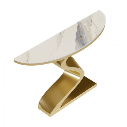 HMR Modern 39.4" Curved Console Table with Sintered Stone Top Half Moon Shape - White & Gold