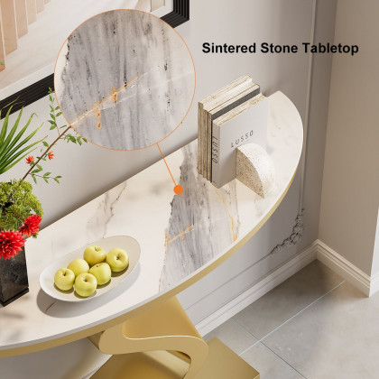 HMR Modern 39.4" Curved Console Table with Sintered Stone Top Half Moon Shape - White & Gold
