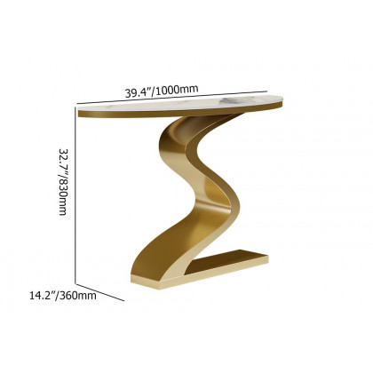 HMR Modern 39.4" Curved Console Table with Sintered Stone Top Half Moon Shape - White & Gold