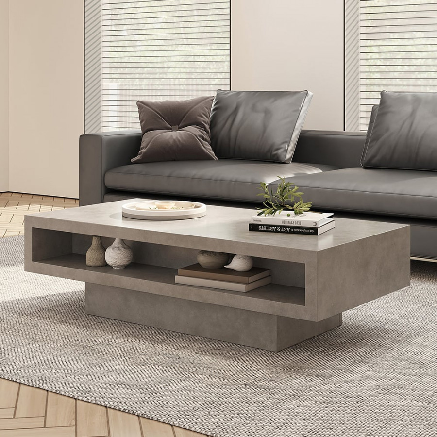 HMR - Japandi Rectangle Concrete Gray Coffee Table with 2 Drawers & Open Storage
