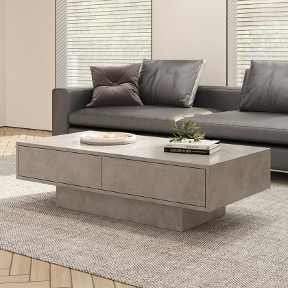 HMR - Japandi Rectangle Concrete Gray Coffee Table with 2 Drawers & Open Storage