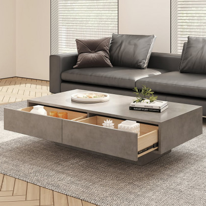 HMR - Japandi Rectangle Concrete Gray Coffee Table with 2 Drawers & Open Storage