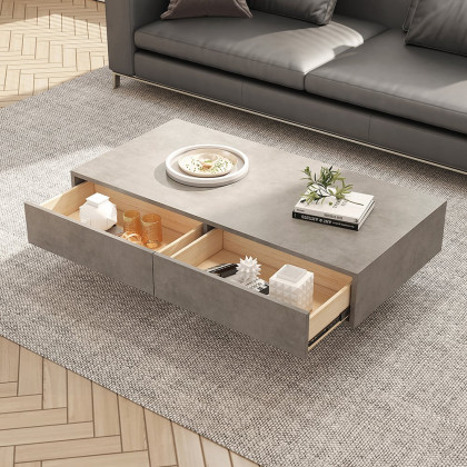 HMR - Japandi Rectangle Concrete Gray Coffee Table with 2 Drawers & Open Storage