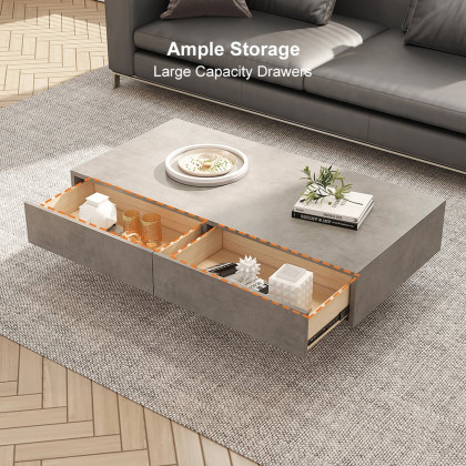 HMR - Japandi Rectangle Concrete Gray Coffee Table with 2 Drawers & Open Storage