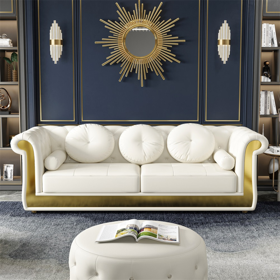 HMR - Dodiy 86.6" Modern Upholstered Tufted Leather 3-Seater Sofa with 5 Pillows White
