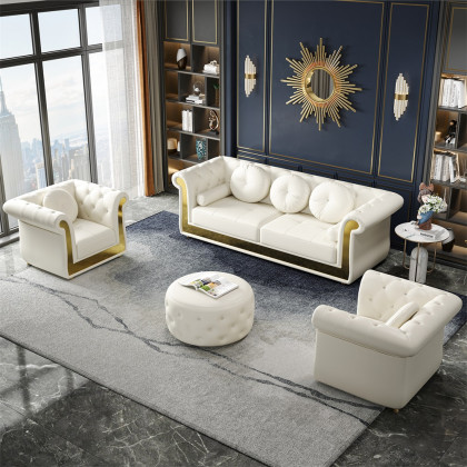 HMR - Dodiy 86.6" Modern Upholstered Tufted Leather 3-Seater Sofa with 5 Pillows White
