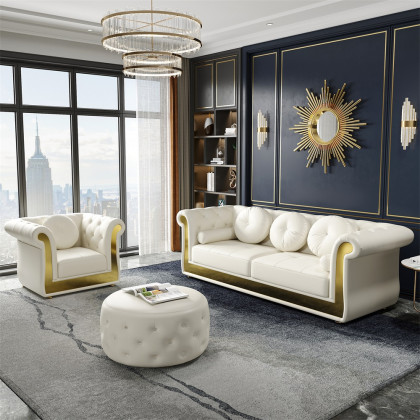 HMR - Dodiy 86.6" Modern Upholstered Tufted Leather 3-Seater Sofa with 5 Pillows White