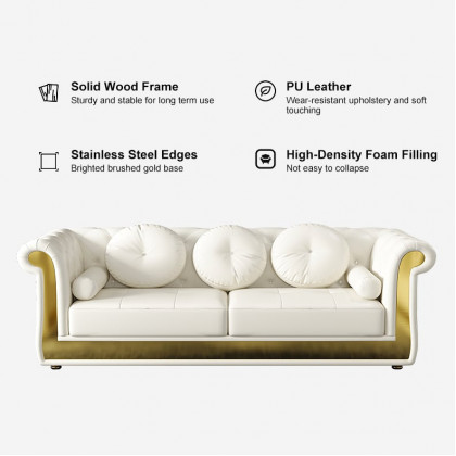 HMR - Dodiy 86.6" Modern Upholstered Tufted Leather 3-Seater Sofa with 5 Pillows White