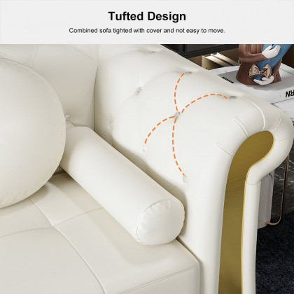 HMR - Dodiy 86.6" Modern Upholstered Tufted Leather 3-Seater Sofa with 5 Pillows White