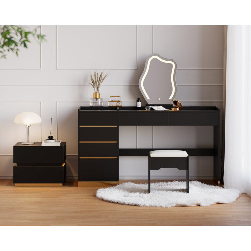 HMR LED Mirror Makeup Vanity Set with 2 Smart Nightstands - Black, 2 Drawers