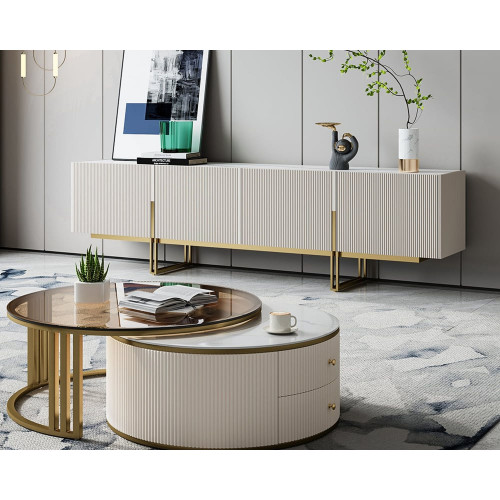 HMR Grovyn TV Stand & Nesting Coffee Table Set - Off-White, 86.6"W x 15.7"D x 23.6"H