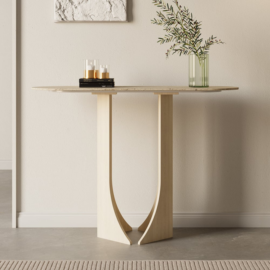HMR - 39.4" Oval Travertine Stone Console Table Modern Entryway Table with Abstract Base