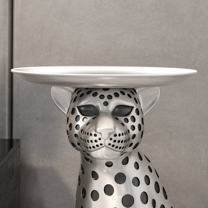 HMR Panther Figurine Resin Art Deco Side Table with Tray Top - Silver