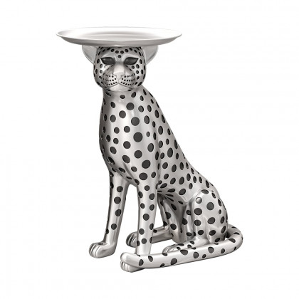 HMR Panther Figurine Resin Art Deco Side Table with Tray Top - Silver