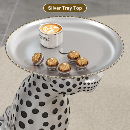 HMR Panther Figurine Resin Art Deco Side Table with Tray Top - Silver