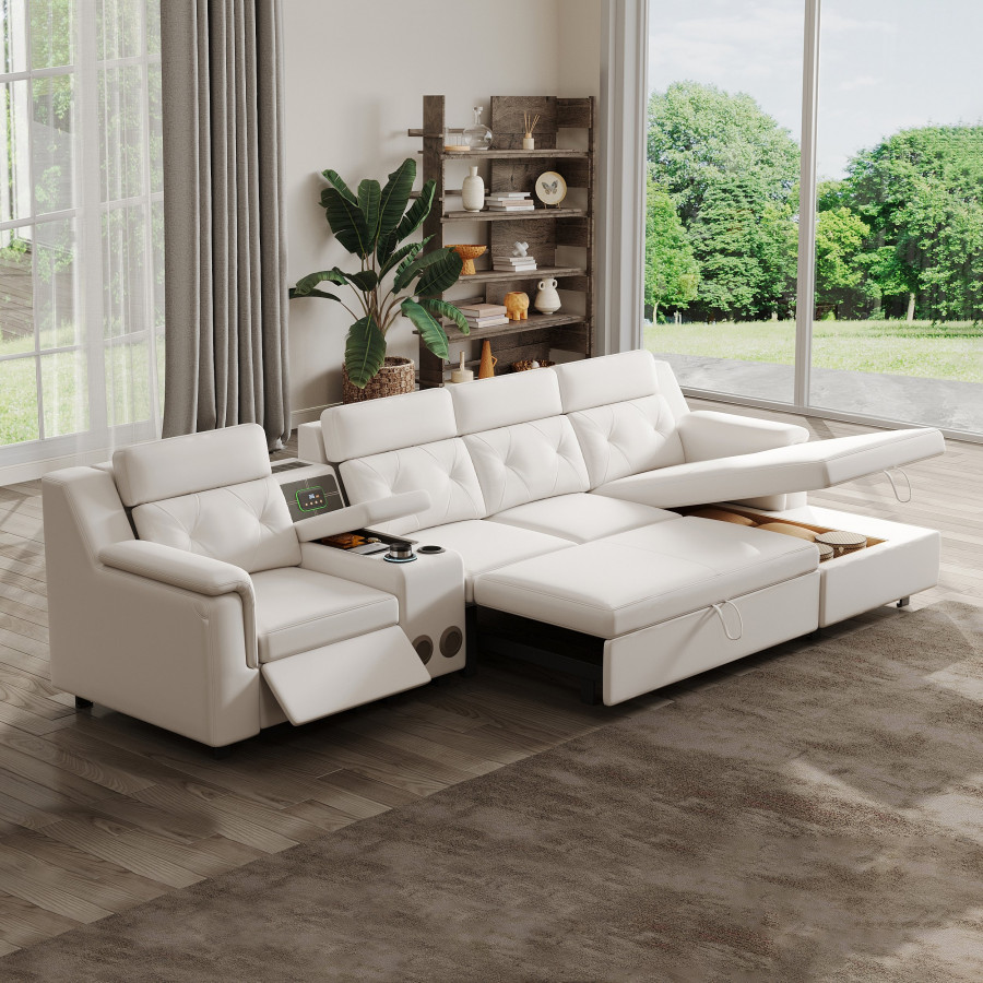 HMR - 134.6" White Power Reclining Sectional Sofa Pull Out Bed Cup Holder & Speaker & Storage