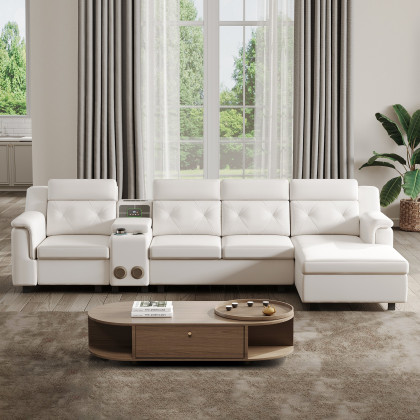 HMR - 134.6" White Power Reclining Sectional Sofa Pull Out Bed Cup Holder & Speaker & Storage