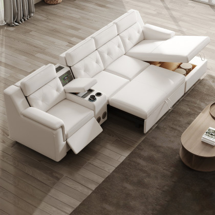 HMR - 134.6" White Power Reclining Sectional Sofa Pull Out Bed Cup Holder & Speaker & Storage