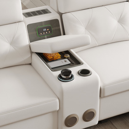 HMR - 134.6" White Power Reclining Sectional Sofa Pull Out Bed Cup Holder & Speaker & Storage