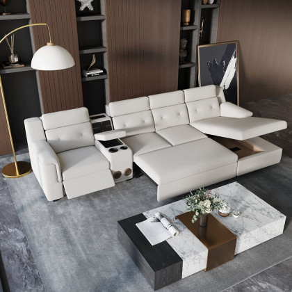 HMR - 134.6" White Power Reclining Sectional Sofa Pull Out Bed Cup Holder & Speaker & Storage