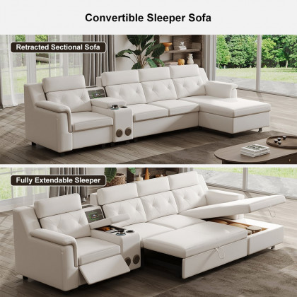 HMR - 134.6" White Power Reclining Sectional Sofa Pull Out Bed Cup Holder & Speaker & Storage